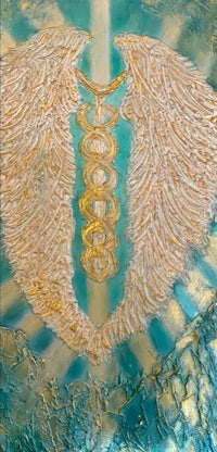 a painting of an angel with wings on a blue background