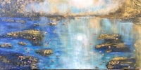 a painting of a lake with blue and gold flowers