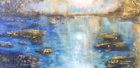 a painting of a river with blue and gold flowers