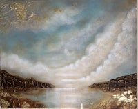 a painting of a lake with clouds in the sky